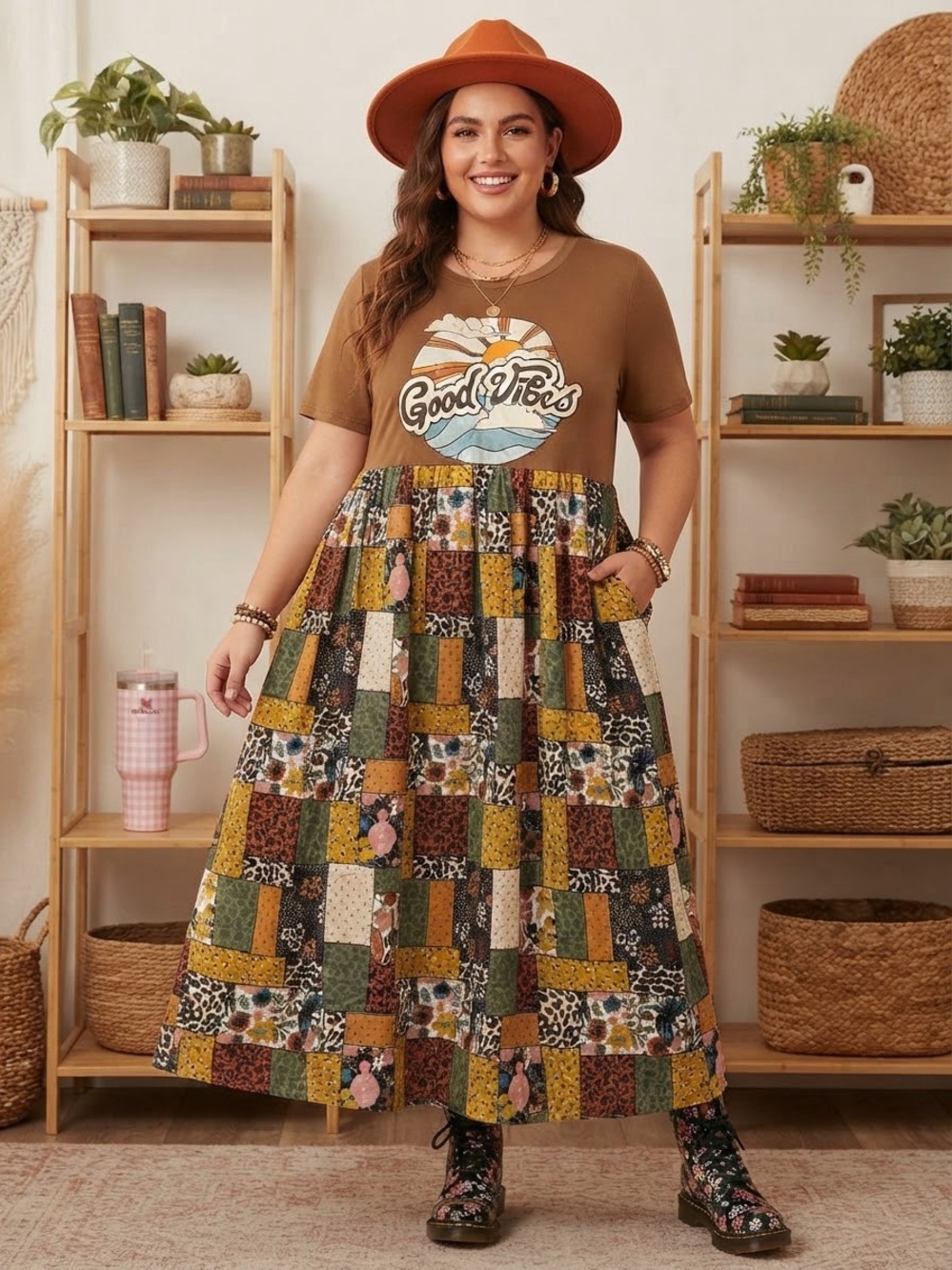 Kreative Content 2X Good Vibes Brown Patchwork Corduroy Maxi Dress 2X